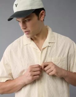AE Poolside Textured Printed Button-Up Shirt White -American Eagle Fashion 2154 2855 100 os