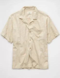 AE Poolside Linen-Blend Floral Button-Up Shirt Khaki -American Eagle Fashion 2154 2865 212 f