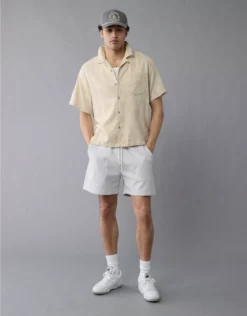 AE Poolside Linen-Blend Floral Button-Up Shirt Khaki