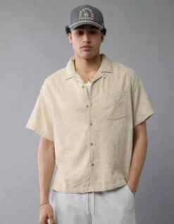 AE Poolside Linen-Blend Floral Button-Up Shirt Khaki -American Eagle Fashion 2154 2865 212 os
