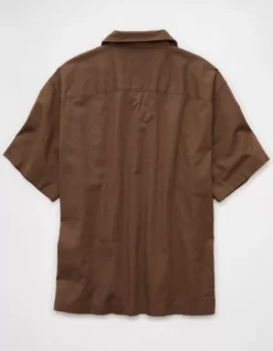AE Poolside Linen-Blend Embroidered Button-Up Shirt Brown -American Eagle Fashion 2154 2872 200 b