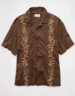 AE Poolside Linen-Blend Embroidered Button-Up Shirt Brown -American Eagle Fashion 2154 2872 200 f