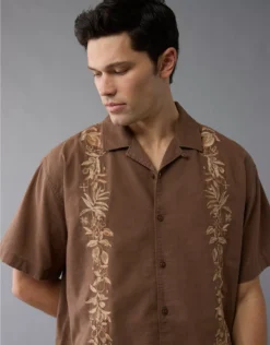 AE Poolside Linen-Blend Embroidered Button-Up Shirt Brown