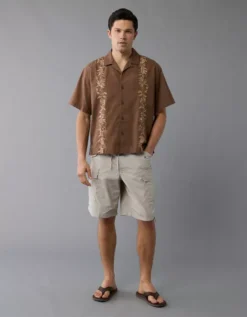 AE Poolside Linen-Blend Embroidered Button-Up Shirt Brown -American Eagle Fashion 2154 2872 200 os