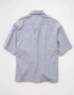 AE Poolside Poplin Striped Button-Up Shirt Cerulean Blue -American Eagle Fashion 2154 2921 402 b