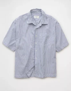 AE Poolside Poplin Striped Button-Up Shirt Cerulean Blue -American Eagle Fashion 2154 2921 402 f