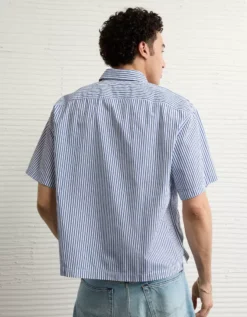 AE Poolside Poplin Striped Button-Up Shirt Cerulean Blue -American Eagle Fashion 2154 2921 402 ob