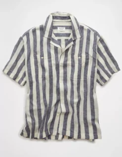 AE Poolside Linen-Blend Striped Button-Up Shirt Black -American Eagle Fashion 2154 6320 001 f