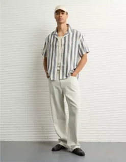 AE Poolside Linen-Blend Striped Button-Up Shirt Black