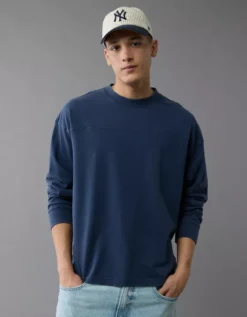 AE Long-Sleeve Boxy Sueded Jersey T-Shirt Midnight Blue -American Eagle Fashion 2171 4569 483 os