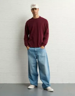 AE Long-Sleeve Boxy Sueded Jersey T-Shirt Wineberry -American Eagle Fashion 2171 4569 902 os