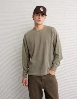 AE Boxy Washed Thermal Shirt Olive -American Eagle Fashion 2171 4769 309 os