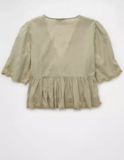 AE Embroidered Tie Front V-Neck Blouse Olive -American Eagle Fashion 2351 6061 309 b
