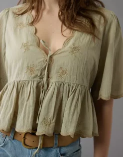 AE Embroidered Tie Front V-Neck Blouse Olive -American Eagle Fashion 2351 6061 309 d2