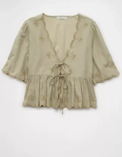 AE Embroidered Tie Front V-Neck Blouse Olive -American Eagle Fashion 2351 6061 309 f