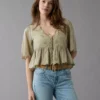 AE Embroidered Tie Front V-Neck Blouse Olive