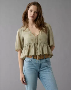 AE Embroidered Tie Front V-Neck Blouse Olive