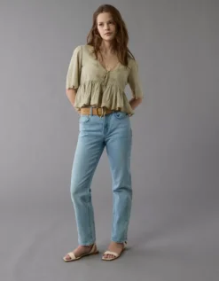 AE Embroidered Tie Front V-Neck Blouse Olive -American Eagle Fashion 2351 6061 309 os