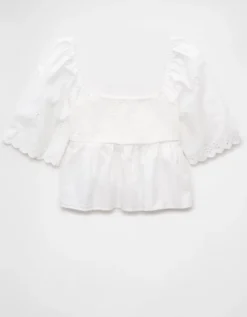 AE Flutter Sleeve Eyelet Babydoll Blouse White -American Eagle Fashion 2351 6086 100 b