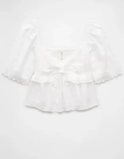 AE Flutter Sleeve Eyelet Babydoll Blouse White -American Eagle Fashion 2351 6086 100 f
