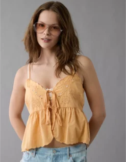 AE Tie Front Embroidered Tank Top Orange