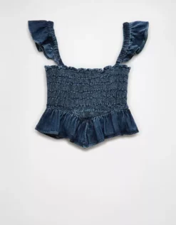 AE Bella Smocked Crop Top Dark Wash -American Eagle Fashion 2351 6147 896 b