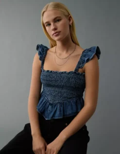 AE Bella Smocked Crop Top Dark Wash -American Eagle Fashion 2351 6147 896 d2