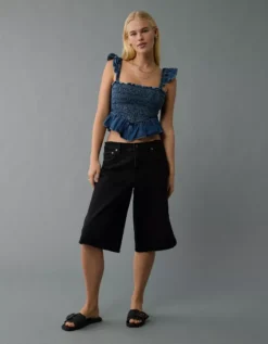 AE Bella Smocked Crop Top Dark Wash -American Eagle Fashion 2351 6147 896 os