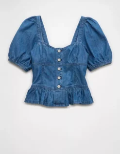 AE Denim Puff Sleeve Shirt Light Wash -American Eagle Fashion 2351 6157 915 f