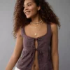 AE Tie Front Scoop Neck Flyaway Tank Top Brown