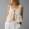 AE Tie Front Scoop Neck Flyaway Tank Top Bone Khaki