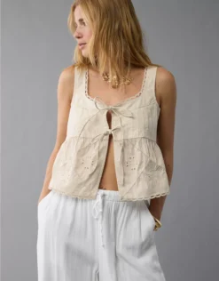 AE Tie Front Scoop Neck Flyaway Tank Top Bone Khaki