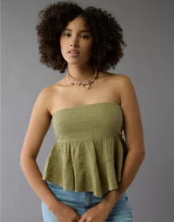 AE Embroidered Babydoll Tube Top Olive