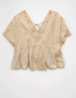 AE V-Neck Embroidered Blouse Tan -American Eagle Fashion 2351 6168 207 b