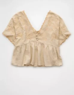 AE V-Neck Embroidered Blouse Tan -American Eagle Fashion 2351 6168 207 f