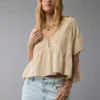 AE V-Neck Embroidered Blouse Tan
