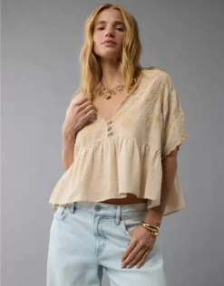 AE V-Neck Embroidered Blouse Tan