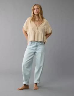 AE V-Neck Embroidered Blouse Tan -American Eagle Fashion 2351 6168 207 os