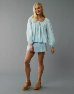 AE Long-Sleeve Breezy Boho Blouse Light Blue