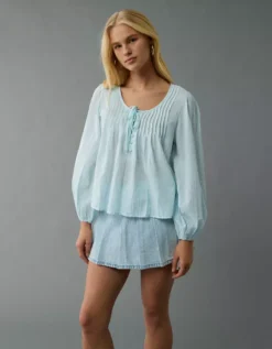 AE Long-Sleeve Breezy Boho Blouse Light Blue -American Eagle Fashion 2351 6189 401 os