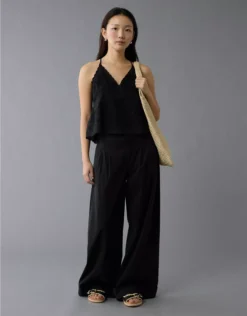 AE V-Neck Embroidered Halter Top Black