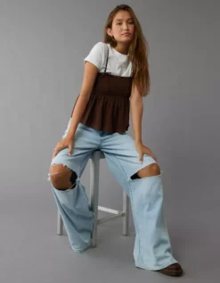 AE Smocked Babydoll Bow Tank Top Chocolate -American Eagle Fashion 2351 6248 285 os