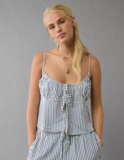 AE Tie Front Seersucker Cami Blue -American Eagle Fashion 2351 6302 400 os