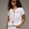 AE Collared Puff Sleeve Tie Front Blouse White