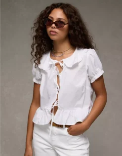 AE Collared Puff Sleeve Tie Front Blouse White