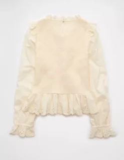 AE Long Sleeve Smocked Babydoll Blouse Cream -American Eagle Fashion 2351 6330 106 b