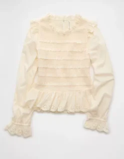 AE Long Sleeve Smocked Babydoll Blouse Cream -American Eagle Fashion 2351 6330 106 f