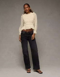 AE Long Sleeve Smocked Babydoll Blouse Cream -American Eagle Fashion 2351 6330 106 os