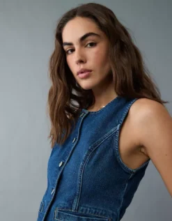 AE Crew Neck Button-Up Denim Vest Dark Wash -American Eagle Fashion 2351 6334 896 d2