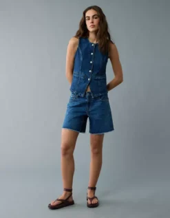 AE Crew Neck Button-Up Denim Vest Dark Wash -American Eagle Fashion 2351 6334 896 os